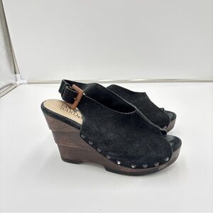 Jax & Bard Black Suede Leather Wooden Clogs Wedge Sandals Shoes Slingback Sz 38